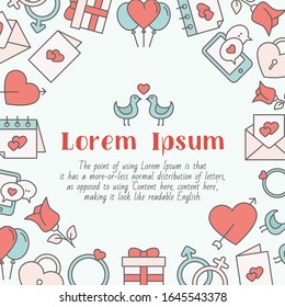 Tarjeta de amor con texto e ilustraciones de color vectorial de corazón, regalos y valentías para diseño gráfico