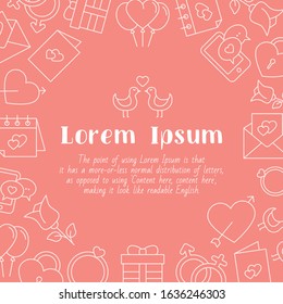 Love card with text and vector outline illustrations of heart, gifts, and valentines for graphic design