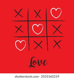 Love card. Tic tac toe game paper cross white heart sign symbol. XOXO. Happy Valentines day. Hand drawn doodle. Childish style. Love wins. Flat design. Red background. Isolated. Vector illustration