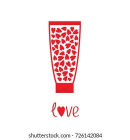 Love card. Tube of cream with hearts inside. Body lotion gel shampoo. Bottle dispenser. Red line art packaging. Valentines day. Isolated. White background. Flat design Vector illustration