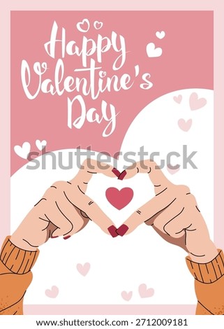 Love Card with Two Hands Forming a Heart Symbol in Flat Style Illustration. Ideal for Banners, Posters, Social Media Posts, Stickers, Prints and Valentines Day Design.
