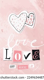 Love card with two hearts for social media, Valentine s Day. Hand drawn, modern postcard, collage for wedding invitation design, romantic date. Vector illustration.