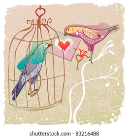 love card with two pretty birds - love sets you free