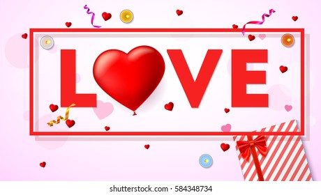 Love card with typography a large red heart in the form of an inflatable, scarlet balloon. Top view on composition with gift box, candles, tinsel and confetti. Template for greeting card or invitation