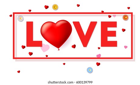Love card with typography a large red heart in the form of an inflatable, scarlet balloon. Top view on composition with candles, tinsel and confetti on white background. Template for creative persons