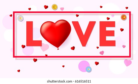 Love card with typography a large red heart in the form of an inflatable, scarlet balloon. Top view on composition with candles, tinsel and confetti. Template for creative persons