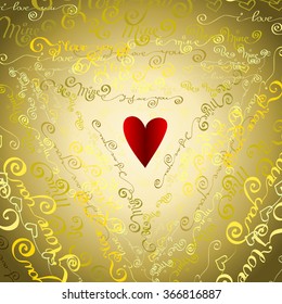 Love card. Valentine day background. Golden handwritten I love you, be mine - words triangle shape background. I love you typography design and red heart. Gold vector handwritten letters background