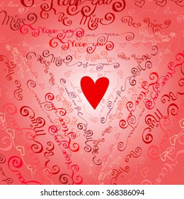 Love card. Valentine day background. Red handwritten I love you, be mine - words triangle shape background. I love you typography design and red heart. Red vector handwritten letters rose background