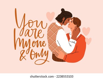 Love card for Valentine day. Romantic postcard with young happy hugging couple, quote, phrase for 14 February holiday. Interracial biracial pair in relationship. Flat vector illustration