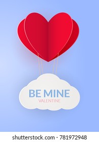 Love card for Valentine's day. Be mine valentine illustration with flying paper cut heart and cloud