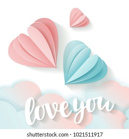 Love card for Valentine's day. Lettering love you. 3D flying pink and blue Paper heart and clouds