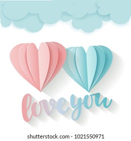 Love card for Valentine's day. Lettering love you. 3D flying pink and blue Paper heart and clouds