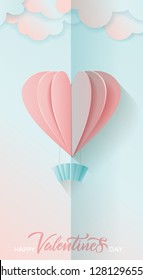 Love card for Valentine's day. Lettering love you. 3D flying pink and blue Paper heart and clouds