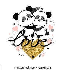 Amor. Tarjeta al Día de San Valentín con osos panda y corazón dorado. Ilustración vectorial de corte 