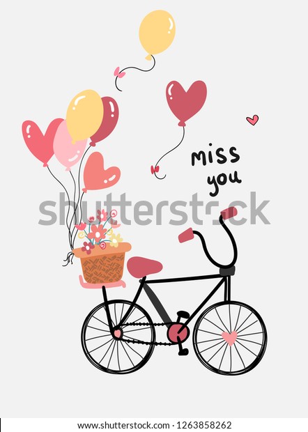 love card  vector flat design hand drawn bicycle
with flower and heart
balloons