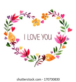 Love card with watercolor floral bouquet. Valentine'??s Day vector illustration with heart form