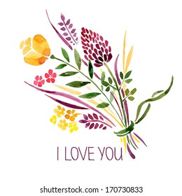 Love card with watercolor floral bouquet. Vector illustration