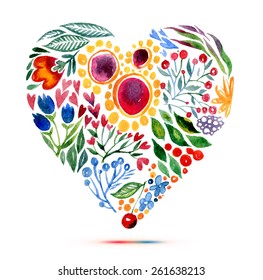 Love card with watercolor floral bouquet. Vector illustration with heart form. 
delicate watercolor flowers for poster printing or design