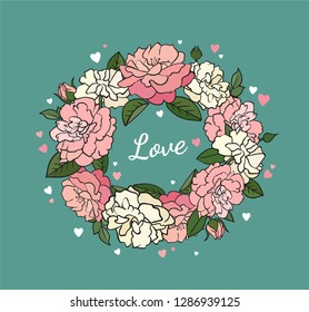 Love card with wreath of beautiful flowers illustration and small hearts on green background. - Vector