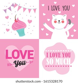 love cards with cake cat and hears. vector illustration