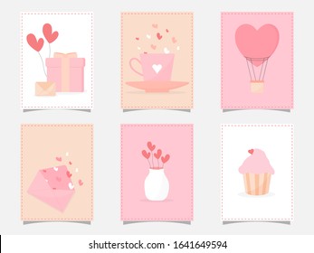 Love Cards or Sticky Set with Gift Box, Envelope, Heart Balloons, Coffee Cup, Hot Air Balloon, Cupcake and Vase.