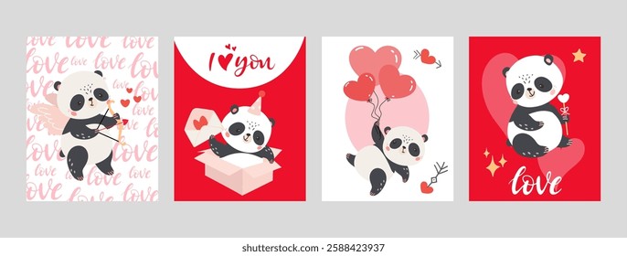 Love cards template. Funny panda with hearts, romantic postcards with handwritten text i love you. Cute covers, posters, banners, vector background