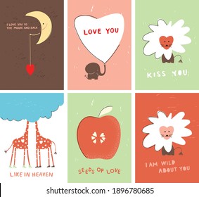 Love cards, vector greeting card set for valentines day with animals. Print for fabrics, wrapping paper, textile design