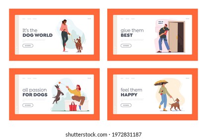 Love, Care of Animals Landing Page Template Set of People Spend Active Time with Pets at Home and Outdoors. Characters Walking and Playing with Dogs, Relaxing Open Air. Cartoon Vector Illustration