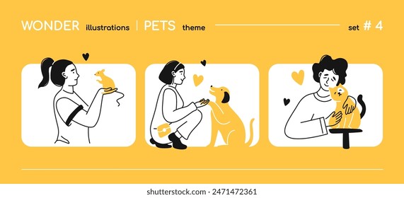 Love and care for animals - line design style illustration with copy space for text. A composition with owners and pets. Cute rodent mouse, dog gives paw, cat hugging with a man. Together forever