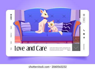 Love and care banner with cute white cats on blue sofa. Vector landing page of home pets with cartoon illustration of mother cat and kitten playing with ball on couch with pillows