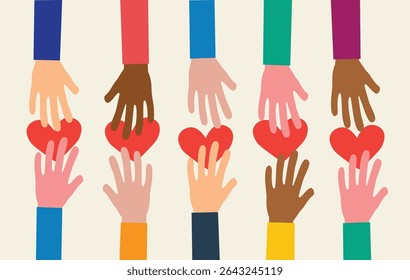 Love and care concept. Diversity. Hands giving and receiving red hearts.