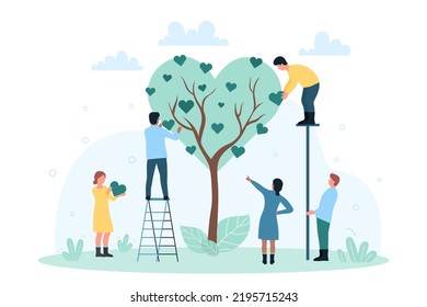 Love and care for environment from tiny people. Cartoon persons grow tree with leaf of heart shape, volunteers cultivate garden together flat vector illustration. Eco development, nature concept