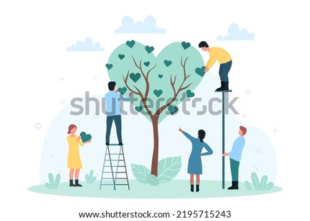 Love and care for environment from tiny people. Cartoon persons grow tree with leaf of heart shape, volunteers cultivate garden together flat vector illustration. Eco development, nature concept