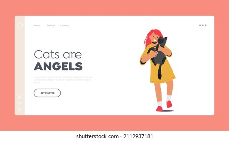 Love, Care and Friendship with Animal Landing Page Template. Girl Embrace Siamese Cat, Child Character Cuddle with Home Pet, Kid Hold Cute Kitten on Hands. Cartoon People Vector Illustration