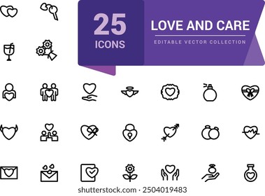 Love and care icon set. Friendship and love line icons. Pixel perfect, minimalistic web and UI icon. Outline icon collections. Editable vector illustration.