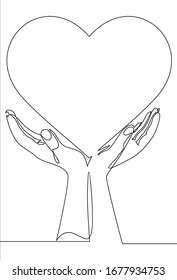 Love care Icon. Two hands with heart.Continuous one line drawing. 