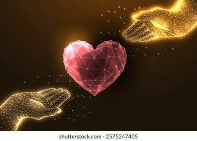 Love, care, kindness and compassion concept with low-poly golden hands reaching towards glowing red heart on dark brown background. Abstract glowing low polygonal modern style vector illustration.