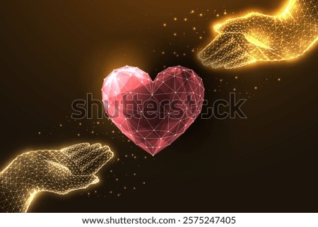 Love, care, kindness and compassion concept with low-poly golden hands reaching towards glowing red heart on dark brown background. Abstract glowing low polygonal modern style vector illustration.