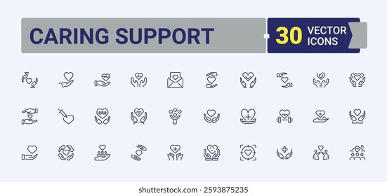 Love And Care linear icon collection. Includes thin line hope, understanding, assistance, social, agreement and more. Outline symbol collection. Editable vector illustration.