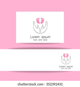 Love and care - logo design template. Adults hands holding little baby feet.