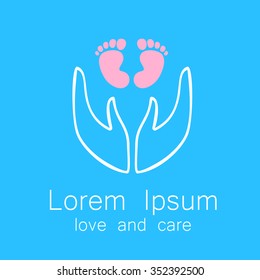 Love and care - logo design template. Adults hands holding little baby feet.