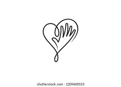 Love and care logo, heart logo with hand shape in line art design style