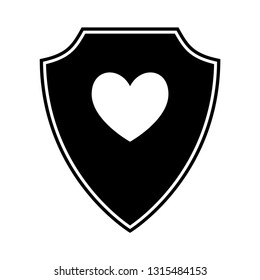 Love and care logo, shield with heart logo. Protection shield with heart flat vector icon. Vector illustration