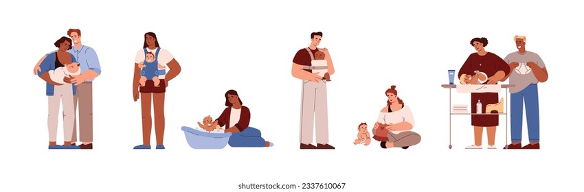 Love and care for newborn children family scenes set, flat cartoon vector illustration isolated on white background. Adults who care of babies, parents and toddlers.