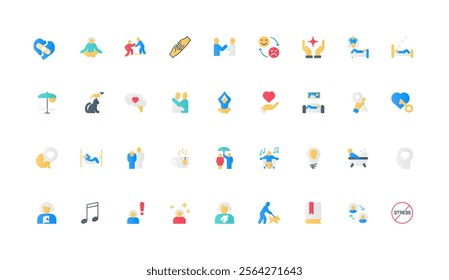 Love and care, stress relief, relaxation for mental health color icon set. Friend support and music for positive mood, sleep and psychologist therapy, pet and yoga flat elements vector illustration