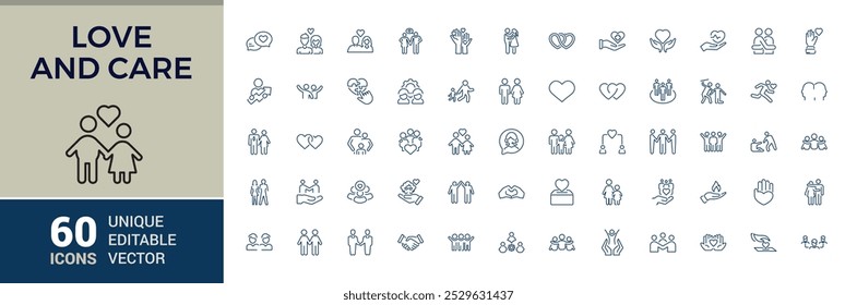 Amor, cuidado, apoio, conjunto de ícones de amizade. Ícone de amor pack. Ícones editáveis de contorno de traçado e ilustração de vetor. Pixel perfeito.