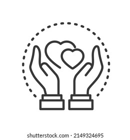 Amor y cuidado - diseño de líneas vectoriales un único icono aislado sobre fondo blanco. Pictograma negro de alta calidad. Imagen de dos corazones cuidadosamente escondidos en las palmas. Apoyo, sentimientos y ayuda a la idea