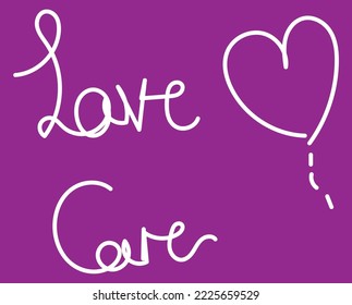 Love and care words, dark pink background, love and care calligraphy, heart vector typography poster, valentine card, health care sign, also suitable for poster and social media and print material