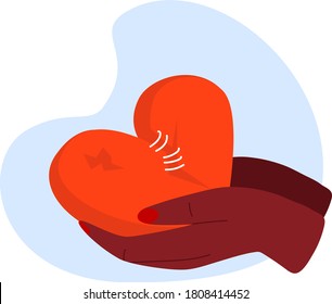 Love care yourself vector illustration. Cartoon people volunteer hands hold damaged broken red heart, give loving symbol and social mentally support. Mental health, hope flat concept isolated on white