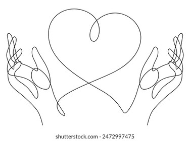 love caring two hands and heart shape one line drawing vector illustration